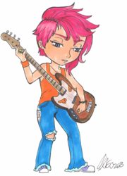 Size: 3081x4272 | Tagged: artist needed, safe, scootaloo, human, g4, bass guitar, clothes, commission, convention art, converse, female, guitar, humanized, jeans, musical instrument, pants, ripped jeans, scootabass, shoes, simple background, solo, traditional art, white background