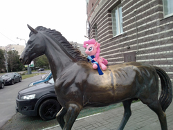 Size: 1080x810 | Tagged: safe, pinkie pie, g4, irl, photo, plushie, ponies riding ponies, riding, statue