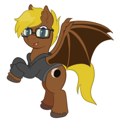 Size: 900x900 | Tagged: safe, artist:scraggleman, oc, oc only, oc:late night, bat pony, pony, clothes, fangs, glasses, hoodie, rearing, side view, simple background, solo, white background