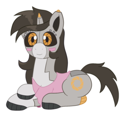 Size: 900x900 | Tagged: safe, alternate version, artist:scraggleman, oc, oc only, oc:stashie, pony, robot, robot pony, unicorn, aperture science, clothes, portal (valve), prone, shirt, simple background, solo, white background