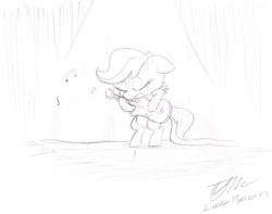 Size: 5330x4207 | Tagged: safe, artist:loosepopcorn, scootaloo, pony, g4, absurd resolution, bass guitar, commission, convention art, female, guitar, musical instrument, pencil drawing, sad, scootabass, sketch, solo, traditional art