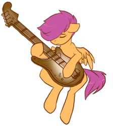 Size: 560x626 | Tagged: safe, artist:vella, scootaloo, pony, g4, bass guitar, commission, female, guitar, musical instrument, scootabass, simple background, sitting, solo, transparent background