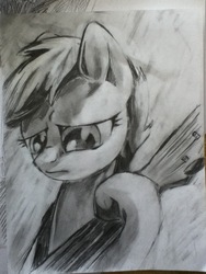 Size: 600x800 | Tagged: safe, artist:lumas22, scootaloo, pony, g4, commission, female, monochrome, sad, scootabass, solo, traditional art