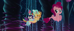 Size: 1920x804 | Tagged: safe, screencap, applejack, fluttershy, pinkie pie, princess skystar, rainbow dash, rarity, earth pony, seapony (g4), g4, my little pony: the movie, applejack's hat, blue eyes, blue mane, bubble, cowboy hat, dorsal fin, female, fin, fin wings, fins, fish tail, flowing mane, freckles, glowing, happy, hat, jewelry, looking at each other, looking at someone, mare, necklace, ocean, one small thing, open mouth, open smile, pearl necklace, scales, seaponified, seapony applejack, seapony fluttershy, seapony pinkie pie, seapony rainbow dash, seapony rarity, seaquestria, seaweed, simple background, singing, smiling, smiling at each other, species swap, swimming, tail, underwater, water, wings
