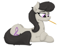 Size: 1920x1200 | Tagged: safe, artist:soctavia, octavia melody, earth pony, pony, g4, female, lying down, mare, messy mane, missing accessory, mouth hold, pencil, prone, simple background, solo, transparent background