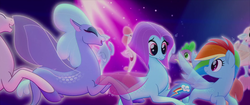 Size: 1920x804 | Tagged: safe, screencap, rainbow dash, salina blue, spike, fish, pegasus, pony, puffer fish, seapony (g4), g4, my little pony: the movie, baby, baby seapony (g4), background sea pony, bubble, conga, conga line, crepuscular rays, cropped, dancing, dorsal fin, eyelashes, eyes closed, fan, female, fin, fin wings, fins, fish tail, flowing mane, flowing tail, glowing, hat, hug, mare, ocean, one small thing, open mouth, open smile, scales, seaponified, seapony rainbow dash, seaquestria, smiling, species swap, spike the pufferfish, swimming, tail, underwater, water, wings