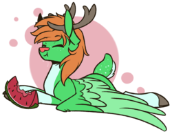 Size: 1024x795 | Tagged: safe, artist:ak4neh, oc, oc only, oc:windy whirls, deer, original species, peryton, abstract background, eating, food, happy, herbivore, male, simple background, solo, transparent background, watermelon, ych result