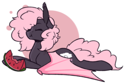 Size: 1024x690 | Tagged: safe, artist:ak4neh, oc, oc only, oc:bubblegum rain, bat pony, pony, :t, abstract background, cute, drool, ear tufts, eating, eyes closed, female, food, happy, herbivore, mare, ocbetes, prone, simple background, smiling, solo, spread wings, transparent background, watermelon, wings, ych result