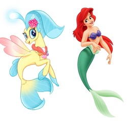 Size: 720x686 | Tagged: safe, princess skystar, mermaid, seapony (g4), g4, comparison, crossover, disney, disney princess, mermaid princess, mermaid tail, princess ariel, the little mermaid