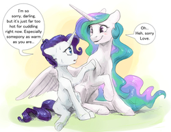 Size: 990x765 | Tagged: safe, artist:silfoe, princess celestia, rarity, alicorn, pony, unicorn, royal sketchbook, g4, alternate hairstyle, british, cute, cutelestia, dialogue, duo, duo female, female, lesbian, mare, missing accessory, raribetes, ship:rarilestia, shipping, sitting, speech bubble, sweat, sweatdrops, underhoof