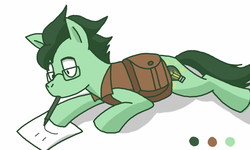 Size: 1600x960 | Tagged: safe, artist:dimbulb, oc, oc only, oc:dimbulb, pony, clothes, drawing, glasses, mouth hold, ponysona, simple background, solo, vest, white background