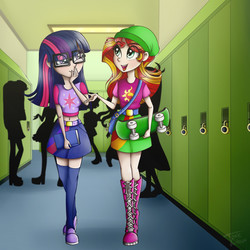 Size: 1412x1412 | Tagged: safe, artist:toxiccolour, sci-twi, sunset shimmer, twilight sparkle, human, equestria girls, g4, alternate clothes, alternate universe, beanie, book, boots, clothes, cutie mark on clothes, female, glasses, hat, human coloration, human counterpart, human sunset, humanized, indoors, lockers, long socks, looking at each other, loose hair, miniskirt, request, requested art, ship:sci-twishimmer, ship:sunsetsparkle, shipping, shoes, skateboard, skirt, socks, talking, thigh highs, thigh socks
