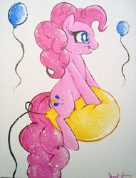 Size: 305x400 | Tagged: safe, artist:prettypinkpony, pinkie pie, earth pony, pony, g4, acrylic painting, balloon, balloon riding, female, long eyelashes, simple background, solo, that pony sure does love balloons, traditional art, white background