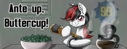 Size: 1600x619 | Tagged: safe, artist:ravvij, oc, oc only, oc:blackjack, pony, unicorn, fallout equestria, fallout equestria: project horizons, alcohol, black and red, bowl, cafeteria, challenge, cheek fluff, chips, coffee, coffee pot, commission, cup, cute, fallout, fanfic art, female, food, grin, horn, mare, metal, mug, mug design, pot, red and black oc, small horn, smiling, smug, solo, soylent green, steam, table, whiskey, wild pegasus