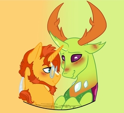 Size: 1126x1030 | Tagged: safe, artist:tejedora, edit, sunburst, thorax, changedling, changeling, g4, beard, blushing, crack shipping, cropped, facial hair, gay, glasses, interspecies, king thorax, male, missing accessory, older, ponytail, shipping, thoraxburst