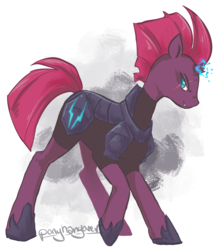 Size: 1616x1808 | Tagged: safe, artist:ponyhangover, tempest shadow, pony, unicorn, g4, armor, broken horn, eye scar, female, glowing horn, horn, looking at you, mare, scar, side view, signature, simple background, smiling, smirk, solo, sparking horn, squint