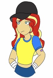 Size: 584x844 | Tagged: safe, artist:horsegirlpodcast, sunset shimmer, equestria girls, g4, alternate clothes, alternate universe, bandaid, cap, hat