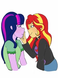 Size: 768x1024 | Tagged: safe, artist:horsegirlpodcast, sunset shimmer, twilight sparkle, equestria girls, g4, alternate clothes, alternate universe, female, lesbian, looking at each other, sexual tension, ship:sunsetsparkle, shipping, smiling