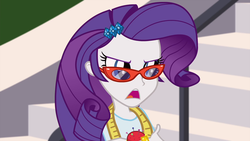 Size: 1280x720 | Tagged: safe, screencap, rarity, equestria girls, g4, my little pony equestria girls: friendship games, annoyed, female, glasses, glasses rarity, madorable, measuring tape, pincushion, rarity's glasses, solo, unamused