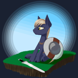 Size: 2400x2400 | Tagged: safe, artist:styroponyworks, oc, oc only, earth pony, pony, commission, high res, male, shield, solo, stallion, sword, weapon