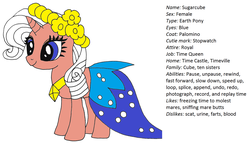 Size: 1838x1052 | Tagged: safe, oc, oc only, oc:sugarcube, pony, unicorn, blue eyes, clothes, dress, female, flower, flower in hair, horned earth pony, implied blood, implied farting, implied lesbian, implied scat, implied urine, jewelry, mare, mary sue, necklace, pendant, recolor, reference sheet, solo, standing, text, time stop