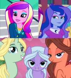 Size: 1366x1503 | Tagged: safe, edit, edited screencap, screencap, dean cadance, dear darling, fond feather, princess cadance, princess luna, swoon song, vice principal luna, pegasus, equestria girls, g4, hard to say anything, my little pony equestria girls: friendship games, bimbettes