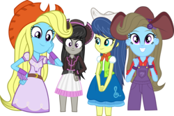 Size: 7029x4662 | Tagged: safe, artist:punzil504, beauty brass, blewgrass, fiddlesticks, octavia melody, pitch perfect, equestria girls, equestria girls series, five to nine, g4, absurd resolution, alternate clothes, apple family member, clothes, clothes swap, cowboy hat, cowgirl, cowgirl outfit, equestria girls-ified, female, group, hat, looking at you, overalls, quartet, simple background, skirt, smiling, stetson, transparent background, wip