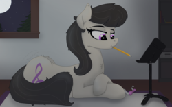 Size: 1920x1200 | Tagged: safe, artist:soctavia, octavia melody, pony, g4, bowtie, cheek fluff, chest fluff, despacito, female, lying down, mare, messy mane, moon, moonlight, mouth hold, music stand, pencil, rug, shelf, solo, turntable