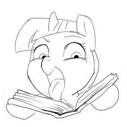 Size: 2000x2000 | Tagged: safe, artist:baigak, twilight sparkle, pony, g4, black and white, book, female, grayscale, high res, licking, mare, monochrome, open mouth, simple background, sketch, solo, that pony sure does love books, tongue out, white background