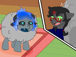 Size: 1600x1200 | Tagged: safe, artist:jolliapplegirl, king sombra, oc, oc:acheron, hybrid, pony, unicorn, g4, adopted offspring, broken horn, crying, glasses, horn, interspecies offspring, next generation, offspring, parent:lord tirek, story included, wool