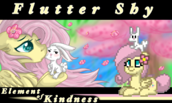 Size: 1572x946 | Tagged: safe, artist:frostyshield951, edit, angel bunny, fluttershy, pony, pony town, g4, cannon, cheek kiss, fanart, female, flower, flower in hair, interspecies, kissing, lies, male, river, sakura trees, ship:angelshy, shipping, straight, text edit, wings