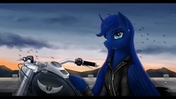 Size: 3920x2205 | Tagged: safe, artist:dezdark, princess luna, alicorn, pony, g4, clothes, cloud, ear piercing, female, high res, jacket, mare, motorcycle, piercing, toothpick, twilight (astronomy)