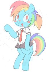 Size: 891x1200 | Tagged: safe, artist:baigak, rainbow dash, pony, alternate hairstyle, bipedal, blushing, clothes, cute, dashabetes, female, looking at you, miniskirt, moe, necktie, pleated skirt, ponytail, school uniform, simple background, skirt, solo, waving, white background, wingless