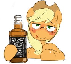 Size: 972x880 | Tagged: safe, artist:baigak, applejack, earth pony, pony, g4, alcohol, blushing, drinking, drunk, drunk aj, female, jack daniels, simple background, solo, tongue out, white background
