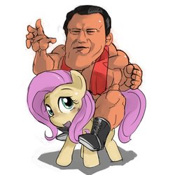 Size: 1200x1200 | Tagged: safe, artist:baigak, fluttershy, human, g4, antonio inoki, humans riding ponies, looking at you, riding, simple background, size difference, wat, white background, wrestler