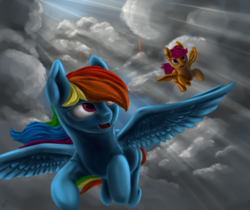 Size: 1024x861 | Tagged: safe, artist:com3tfire, rainbow dash, scootaloo, pegasus, pony, g4, cloud, flying, rainbow waterfall, scootaloo can fly