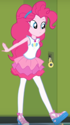 Size: 338x605 | Tagged: safe, screencap, pinkie pie, equestria girls, g4, my little pony equestria girls: better together, stressed in show, stressed in show: pinkie pie, armpits, clothes, cropped, female, geode of sugar bombs, magical geodes, rah rah skirt, shoes, skirt, solo, tank top