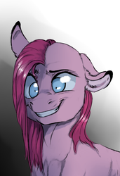 Size: 629x917 | Tagged: safe, artist:alphafury, pinkie pie, earth pony, pony, g4, crazy face, faic, female, floppy ears, gradient background, grin, mare, pinkamena diane pie, smiling, solo, wip