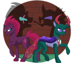 Size: 1024x878 | Tagged: safe, artist:faitheverlasting, fizzlepop berrytwist, pharynx, tempest shadow, changedling, changeling, pony, unicorn, g4, brick wall, broken horn, crack shipping, female, horn, looking at each other, male, prince pharynx, ship:tempynx, shipping, simple background, straight, transparent background