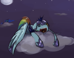 Size: 938x734 | Tagged: safe, artist:testostepone, nightmare moon, rainbow dash, alicorn, pegasus, pony, g4, alternate timeline, armor, cloud, disapproval, female, helmet, mare, moon, night, night guard, night guard dash, nightmare takeover timeline, open mouth, sleeping, sleeping on the job, snoring, unamused