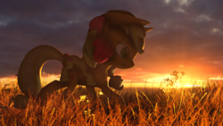 Size: 1920x1080 | Tagged: safe, artist:beanswithsauce, apple bloom, applejack, g4, 3d, apple bloom riding applejack, ponies riding ponies, riding, source filmmaker, sunset