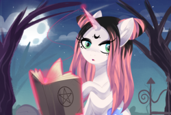 Size: 1600x1080 | Tagged: safe, artist:spookyle, oc, oc only, oc:willow wisp, pony, unicorn, female, magic book, mare, night, pentagram, solo, tree