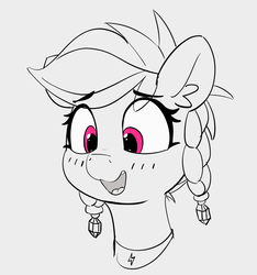 Size: 1945x2074 | Tagged: safe, artist:pabbley, rainbow dash, pony, g4, alternate hairstyle, blushing, bust, female, gem, jewelry, necklace, partial color, smiling, solo