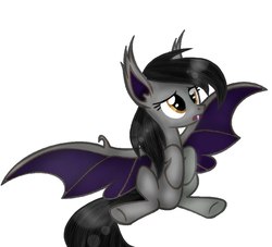 Size: 938x851 | Tagged: safe, artist:grimm821525, oc, oc only, oc:soprano, bat pony, pony, fangs, female, mare, simple background, sitting, solo, white background