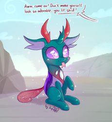 Size: 1472x1600 | Tagged: safe, artist:dsp2003, pharynx, changedling, changeling, g4, 30 minute art challenge, :p, blushing, chibi, cloud, cute, cuteling, dsp2003 is trying to murder us, eyelashes, floppy ears, forked tongue, hnnng, male, pharybetes, prince pharynx, raised hoof, shiny, silly, single panel, sitting, smiling, solo, sparkles, speech bubble, starry eyes, text, tongue out, wat, wingding eyes