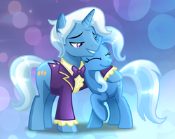 Size: 1406x1114 | Tagged: safe, artist:sugaryicecreammlp, jack pot, trixie, pony, unicorn, g4, base used, clothes, cute, diatrixes, father and daughter, female, hug, male, mare, stallion