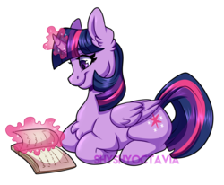 Size: 3483x2871 | Tagged: safe, artist:shyshyoctavia, twilight sparkle, alicorn, pony, g4, adorkable, book, cute, dork, female, high res, mare, ponyloaf, reading, simple background, smiling, solo, that pony sure does love books, transparent background, twiabetes, twilight sparkle (alicorn), watermark