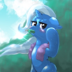 Size: 1536x1536 | Tagged: dead source, safe, artist:kurogewapony, trixie, pony, unicorn, g4, female, food, ice cream, looking at you, mare, scenery, sweat