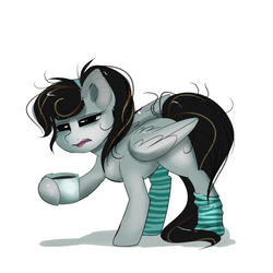 Size: 2000x2000 | Tagged: safe, artist:confetticakez, oc, oc only, pegasus, pony, bed mane, clothes, coffee, cute, female, folded wings, high res, mare, messy mane, simple background, sleepy, socks, solo, striped socks, tired, white background