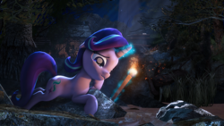 Size: 2560x1440 | Tagged: safe, artist:redaceofspades, starlight glimmer, pony, unicorn, g4, 3d, crying, female, lake, sad, solo, torch